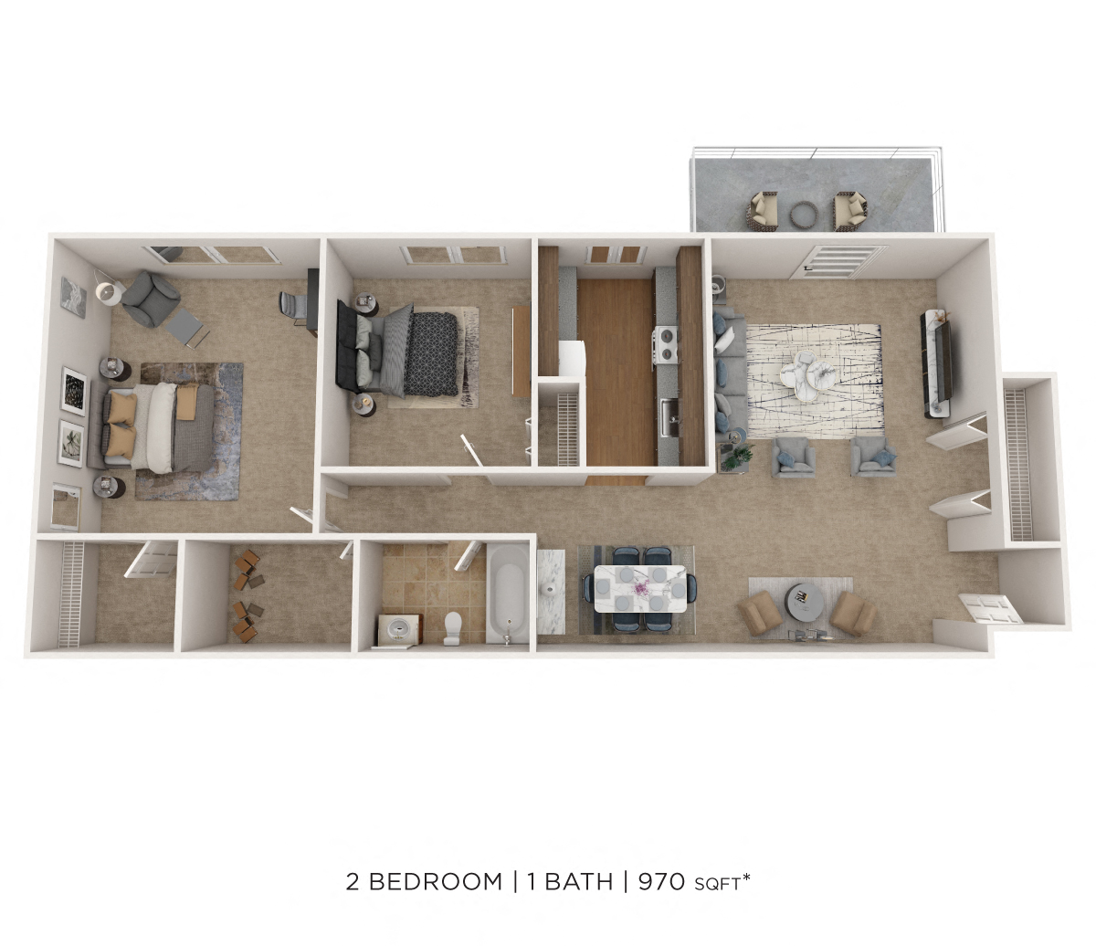 Floor plan for 2 beds, 1 bath, 970 sqft